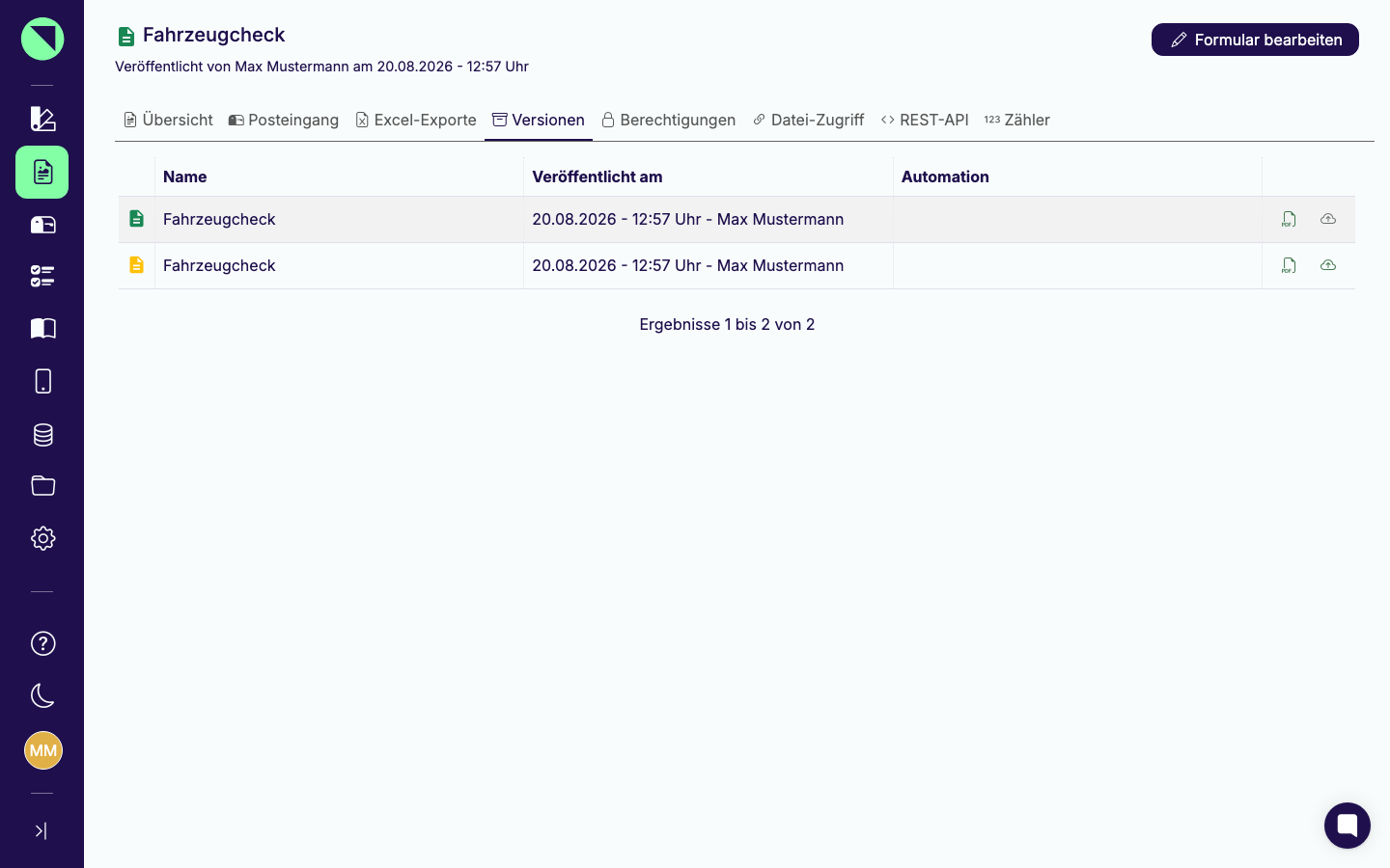 Tabelle im Reiter "Versionen" mit zwei Versionen, eine davon aktiv und eine nicht mehr aktiv