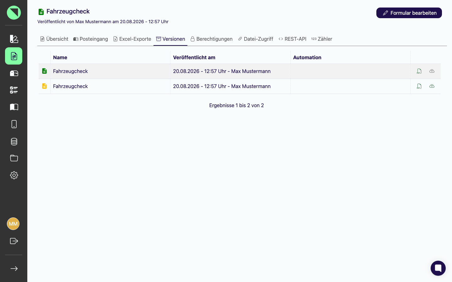 Tabelle im Tab "Versionen" mit zwei Versionen, eine davon aktiv und eine nicht mehr aktiv
