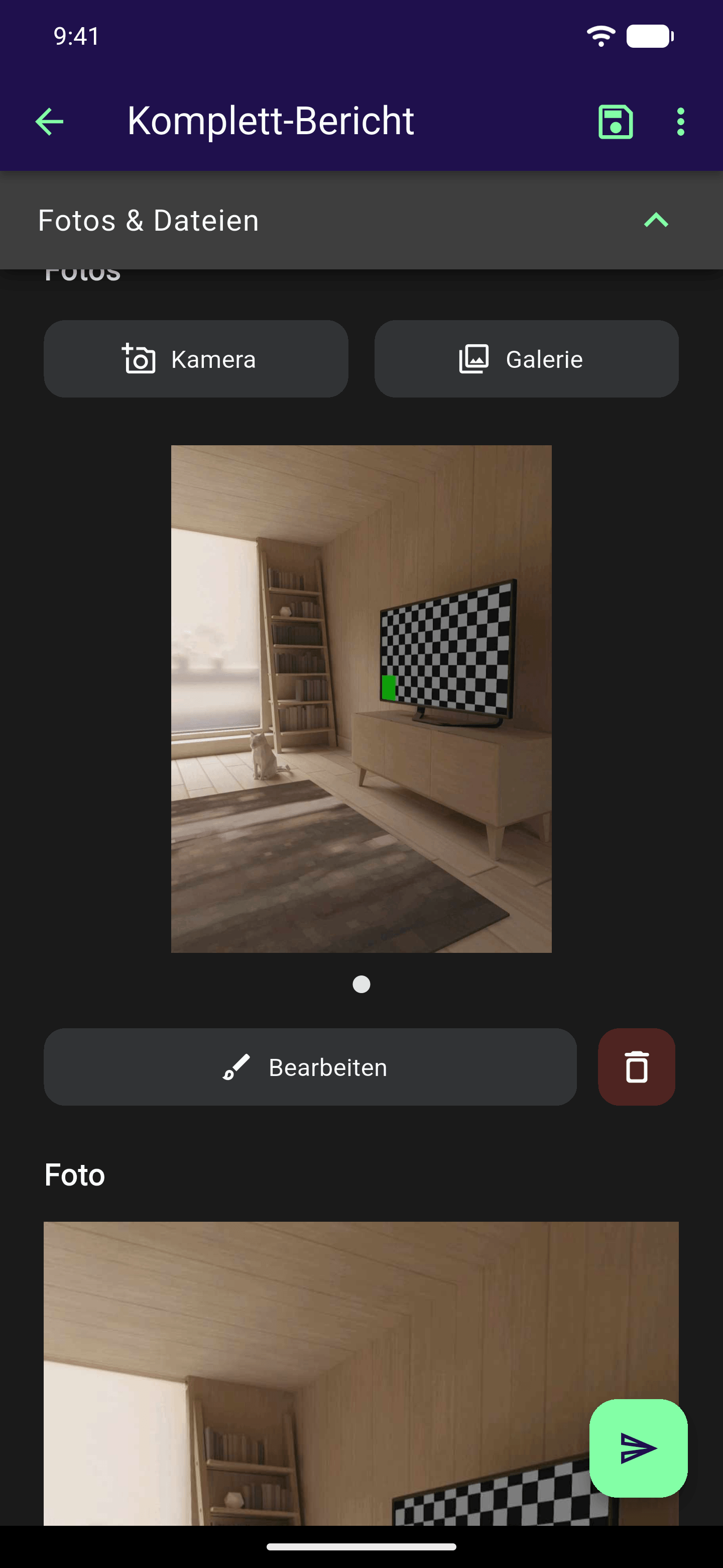 Groß angezeigtes Foto in der Fotogalerie mit dem Button Bearbeiten und dem Papierkorb-Symbol zum Löschen darunter