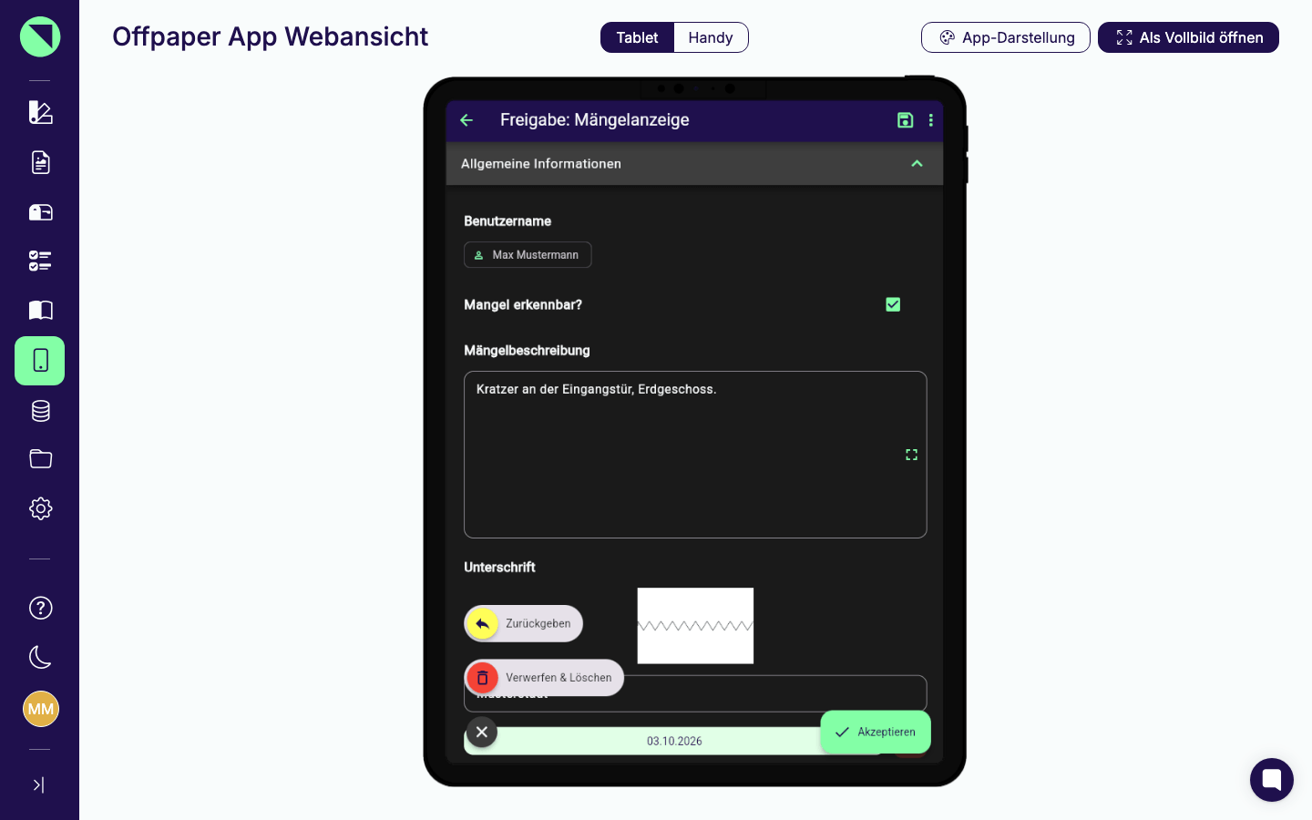 Freigabe-Bildschirm einer Aufgabe mit Kopfzeile "Freigabe: Mängelanzeige", dem Button Akzeptieren und geöffnetem rundem Menü mit den Optionen "Verwerfen & Löschen" und "Zurückgeben"