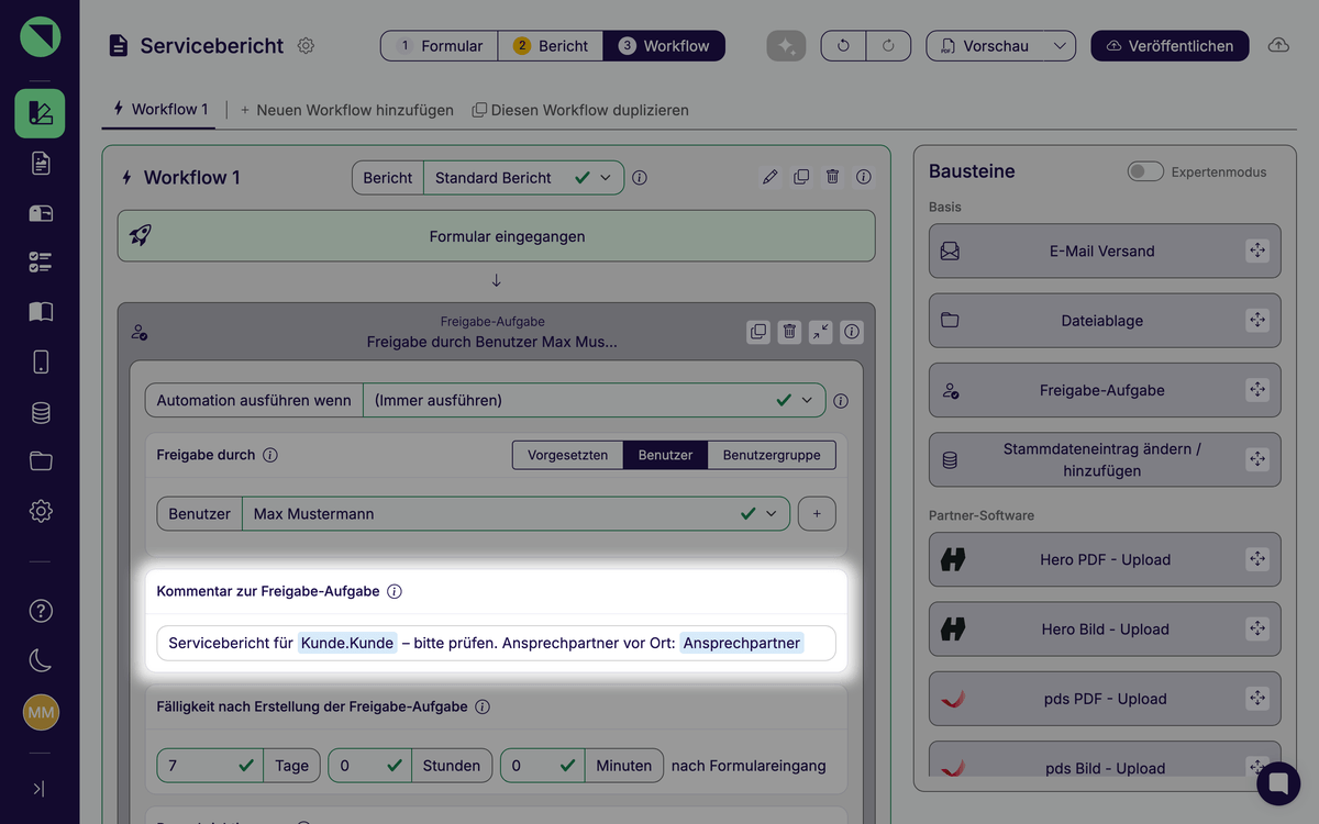 Freigabe-Aufgabe im Workflow eines Serviceberichts: hervorgehoben ist die Karte Kommentar zur Freigabe-Aufgabe mit einem Kommentartext, in dem die Variablen Kunde und Ansprechpartner eingefügt sind