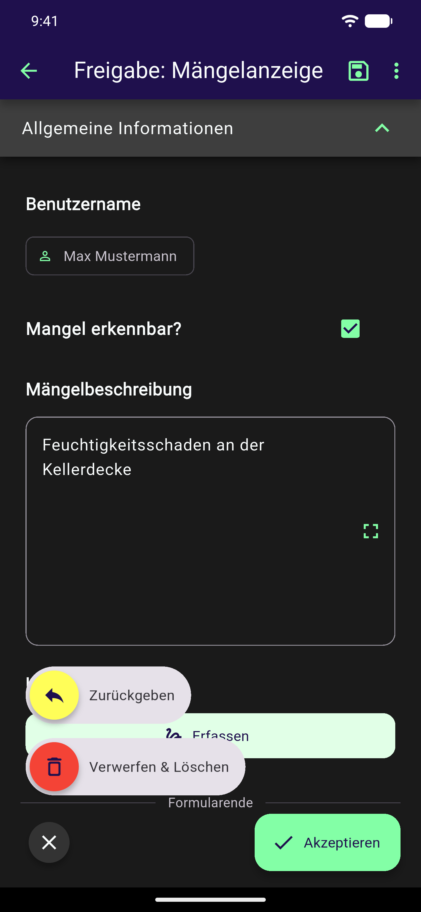 Freigabe-Bildschirm mit Kopfleiste "Freigabe: Mängelanzeige", dem grünen Button Akzeptieren unten rechts und geöffnetem rundem Menü mit den Optionen Zurückgeben und Verwerfen & Löschen