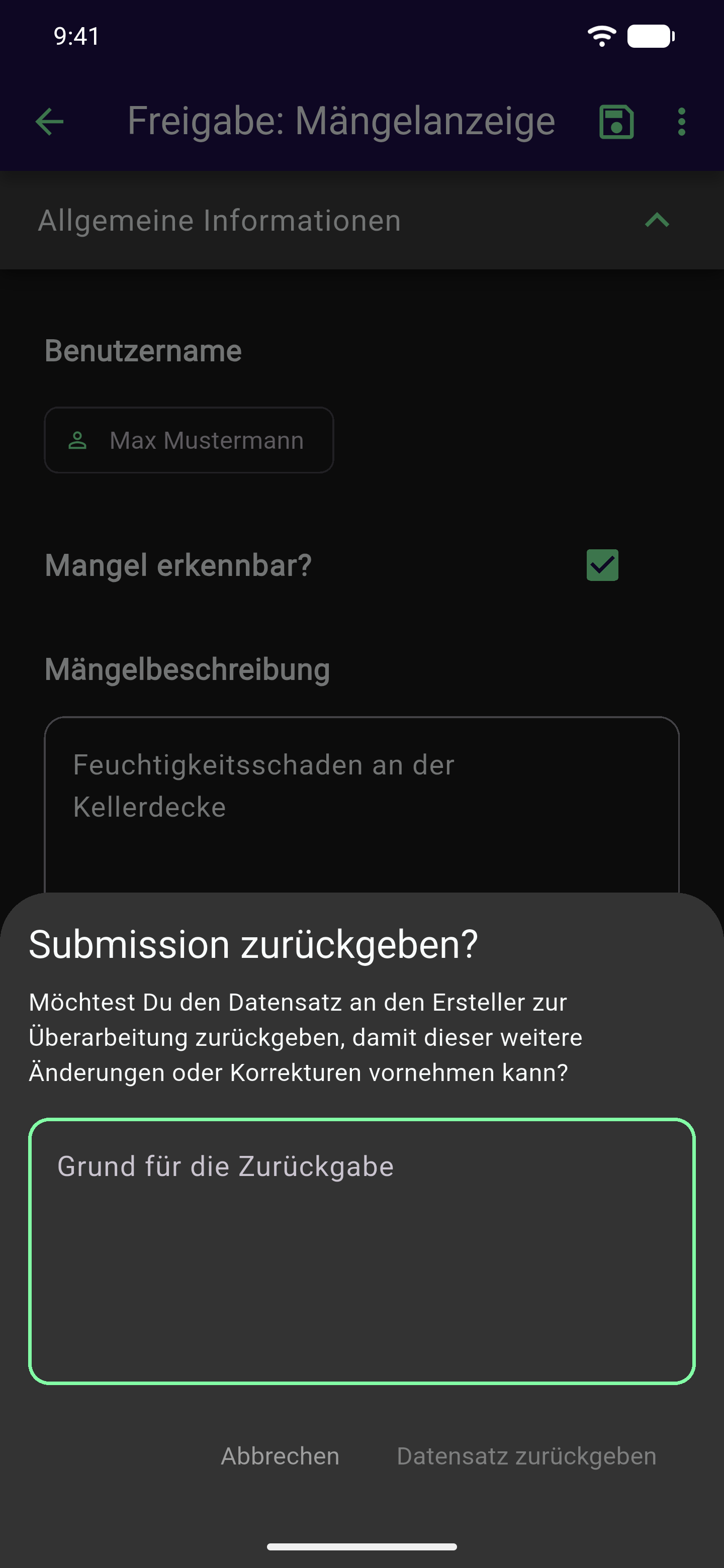 Zurückgeben-Dialog "Submission zurückgeben?" mit noch leerem Pflicht-Kommentarfeld und dem dadurch ausgegrauten Button Datensatz zurückgeben
