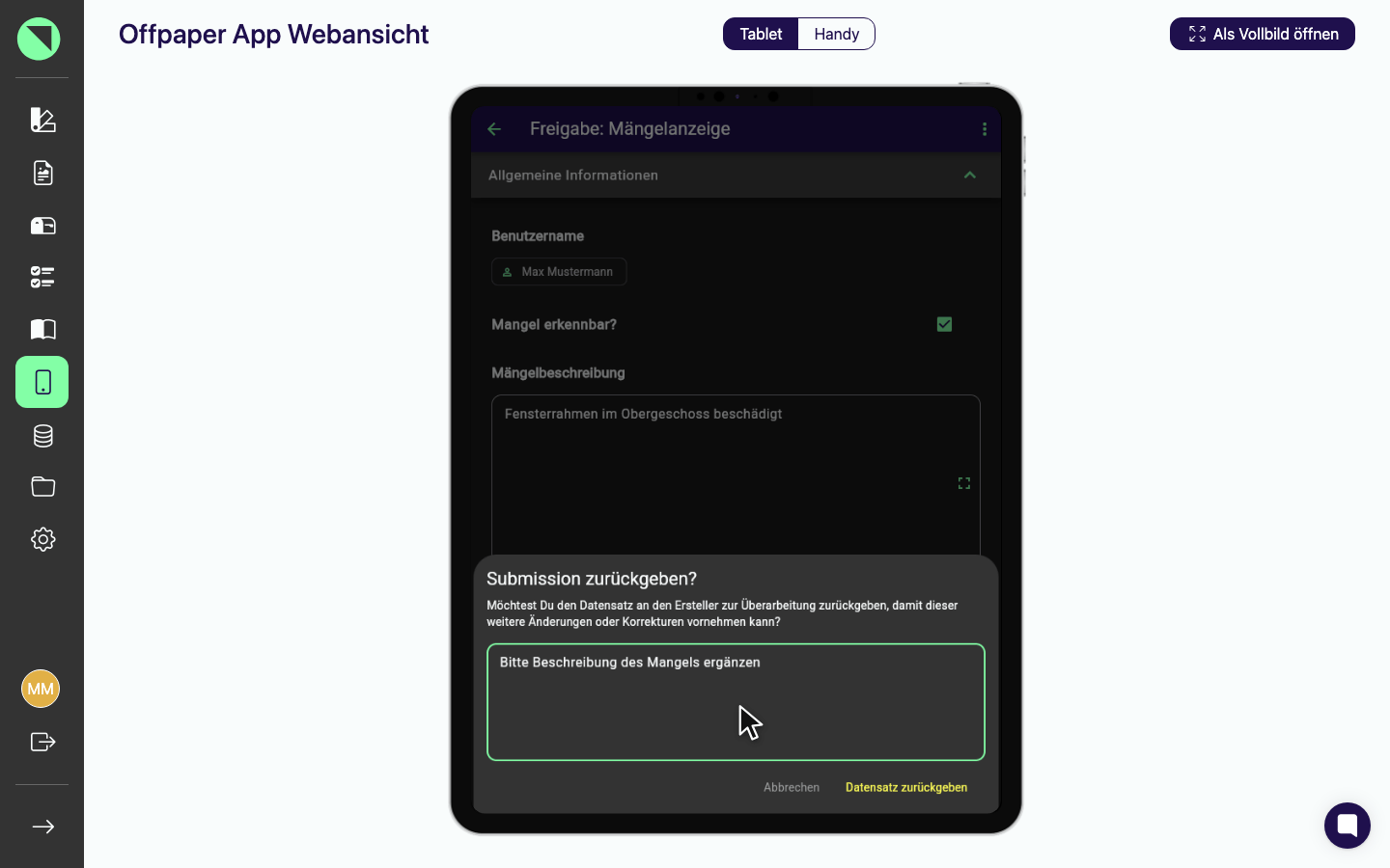 Zurückgeben-Dialog "Submission zurückgeben?" mit ausgefülltem Pflicht-Kommentarfeld und dem dadurch aktiven Button Datensatz zurückgeben