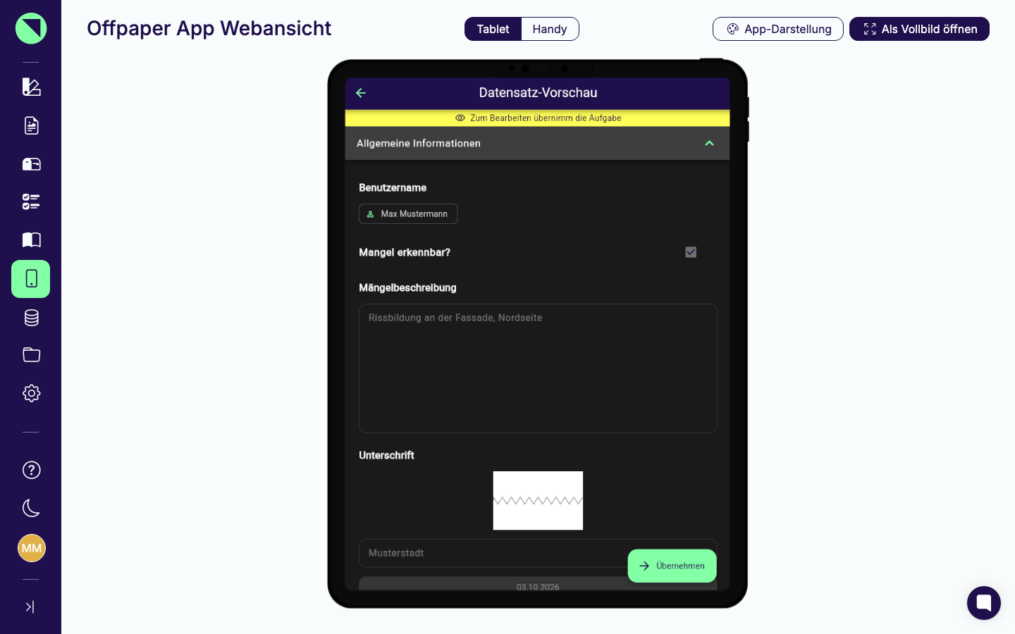 Schreibgeschützte Datensatz-Vorschau einer Gruppen-Freigabe-Aufgabe mit dem gelben Hinweis "Zum Bearbeiten übernimm die Aufgabe" und dem Button Übernehmen