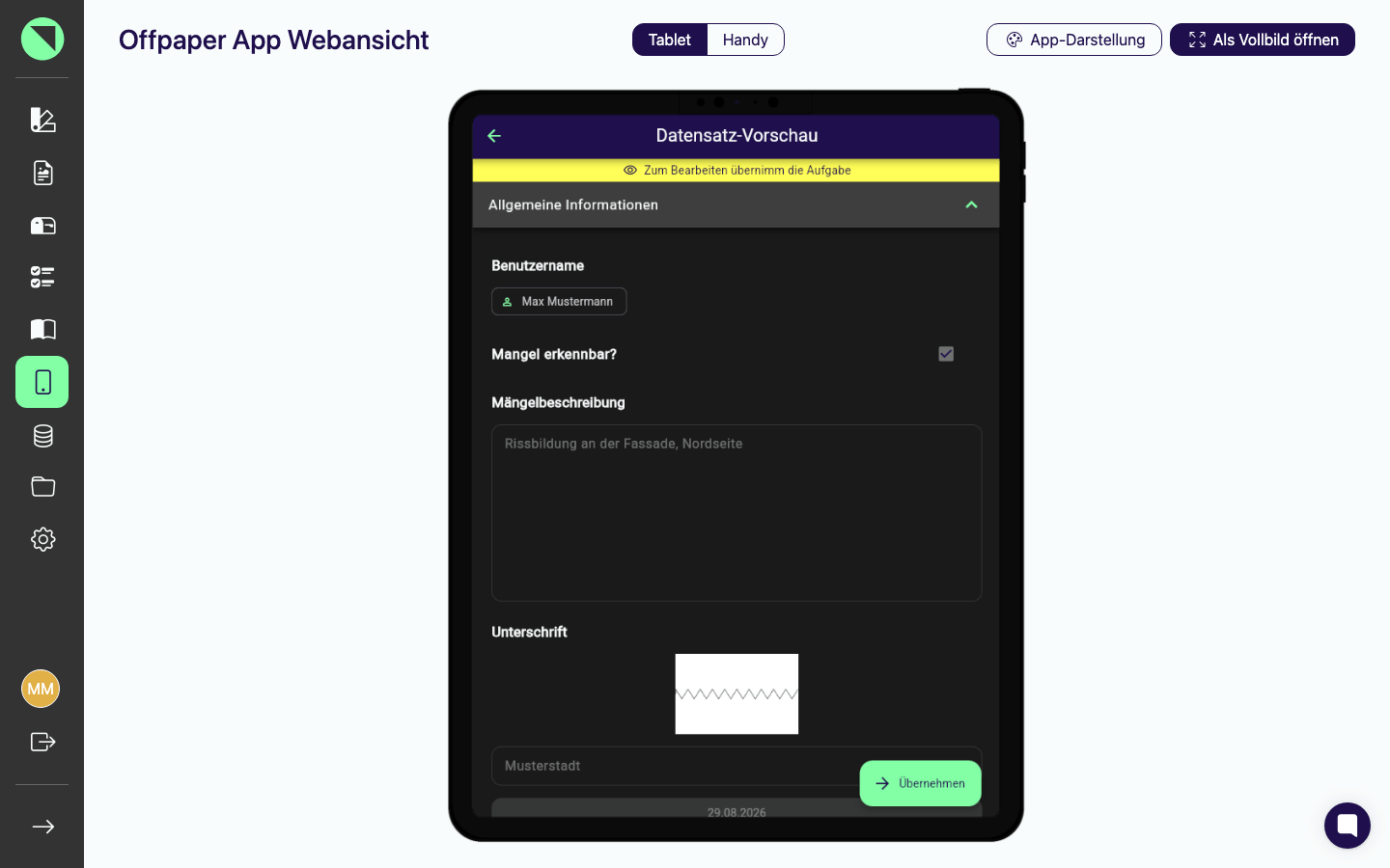 Schreibgeschützte Datensatz-Vorschau einer Gruppen-Freigabe-Aufgabe mit dem gelben Hinweis "Zum Bearbeiten übernimm die Aufgabe" und dem Button Übernehmen