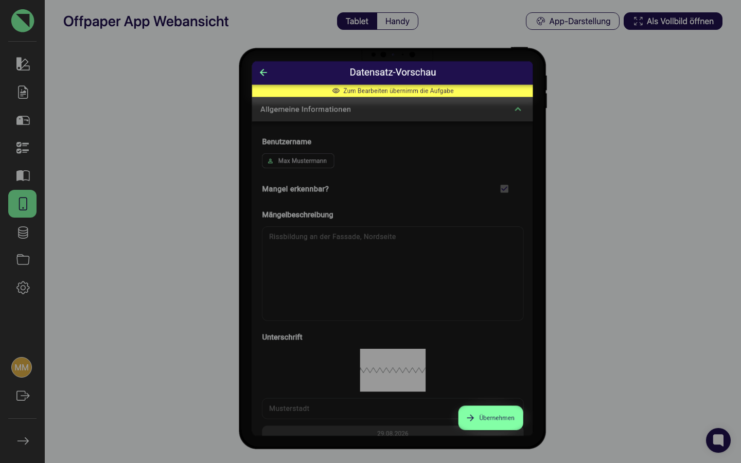 Schreibgeschützte Vorschau der vorausgefüllten Daten einer Gruppenaufgabe in der App-Webansicht, hervorgehoben sind der gelbe Hinweis Zum Bearbeiten übernimm die Aufgabe und der Button Übernehmen unten rechts