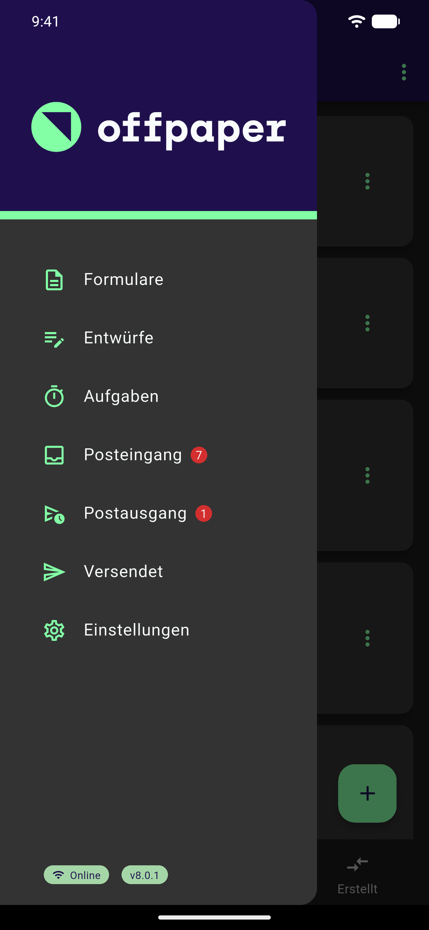 Geöffnetes Hauptmenü der App mit Expert Plan: Formulare, Entwürfe, Aufgaben, Posteingang mit Zähler, Postausgang, Versendet und Einstellungen, unten die Online-Anzeige neben der Versionsnummer