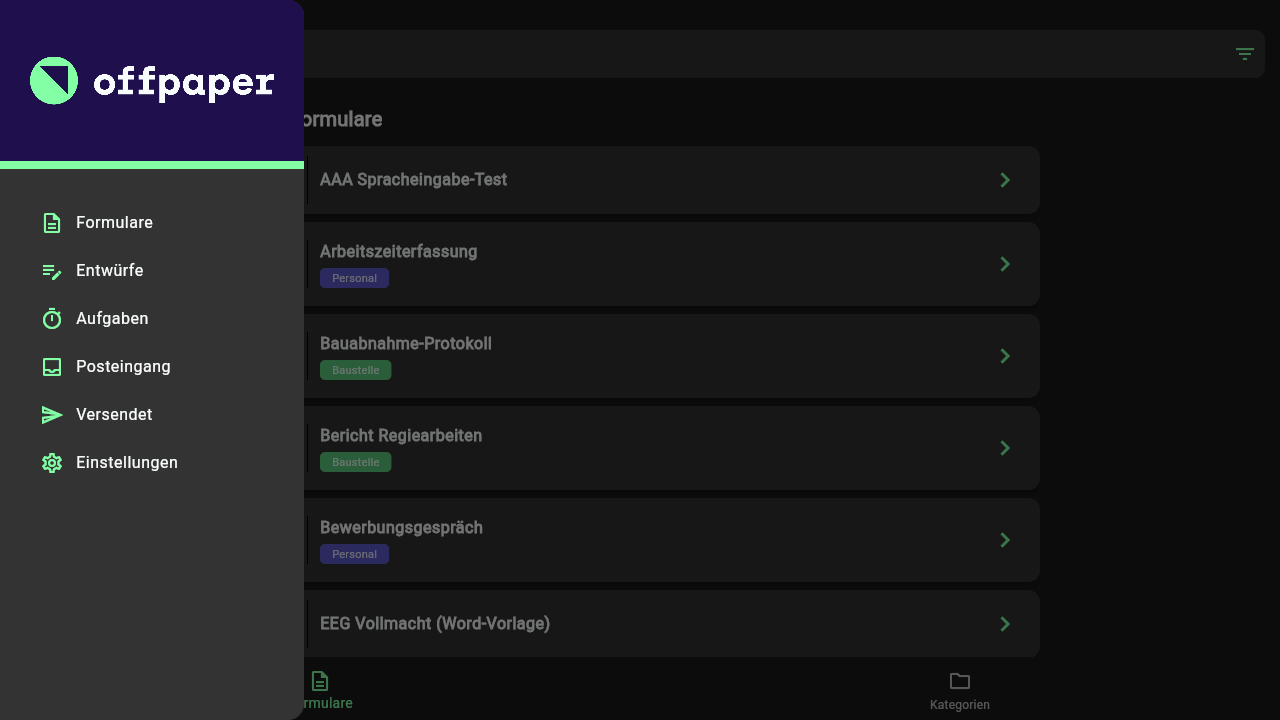 Geöffnetes Hauptmenü mit Expert Plan: Formulare, Entwürfe, Aufgaben, Posteingang, Versendet und Einstellungen - in der Webansicht ohne Postausgang und ohne Online-Anzeige, da beides nur in der echten App erscheint