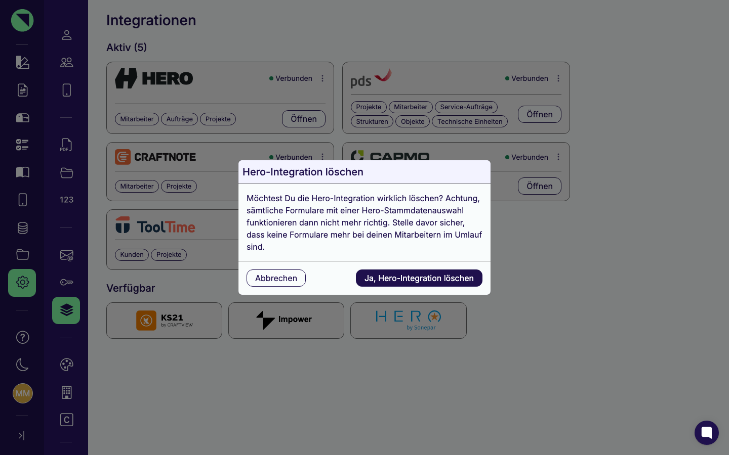 Bestätigungsdialog „Hero-Integration löschen" mit dem vollständigen Warntext und den Buttons Abbrechen und Ja, Hero-Integration löschen