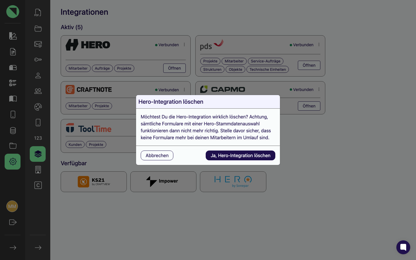 Bestätigungsdialog „Hero-Integration löschen" mit dem vollständigen Warntext und den Buttons Abbrechen und Ja, Hero-Integration löschen