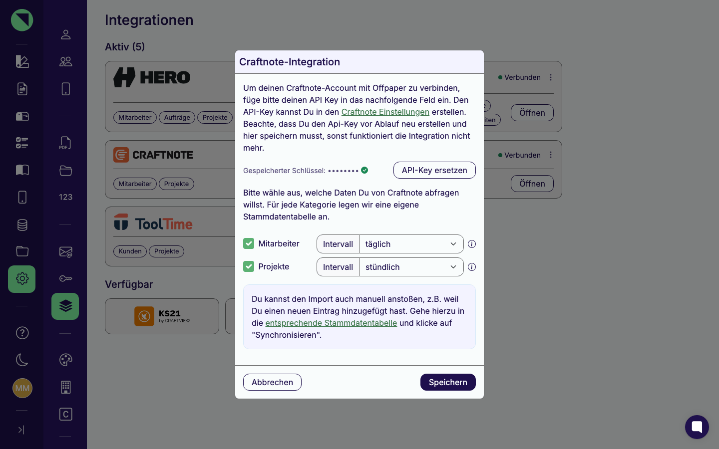 Verbindungs-Modal der Craftnote-Integration mit der maskierten Zeile Gespeicherter Schlüssel, dem Button API-Key ersetzen und den Sync-Kategorien Mitarbeiter und Projekte samt Intervallen