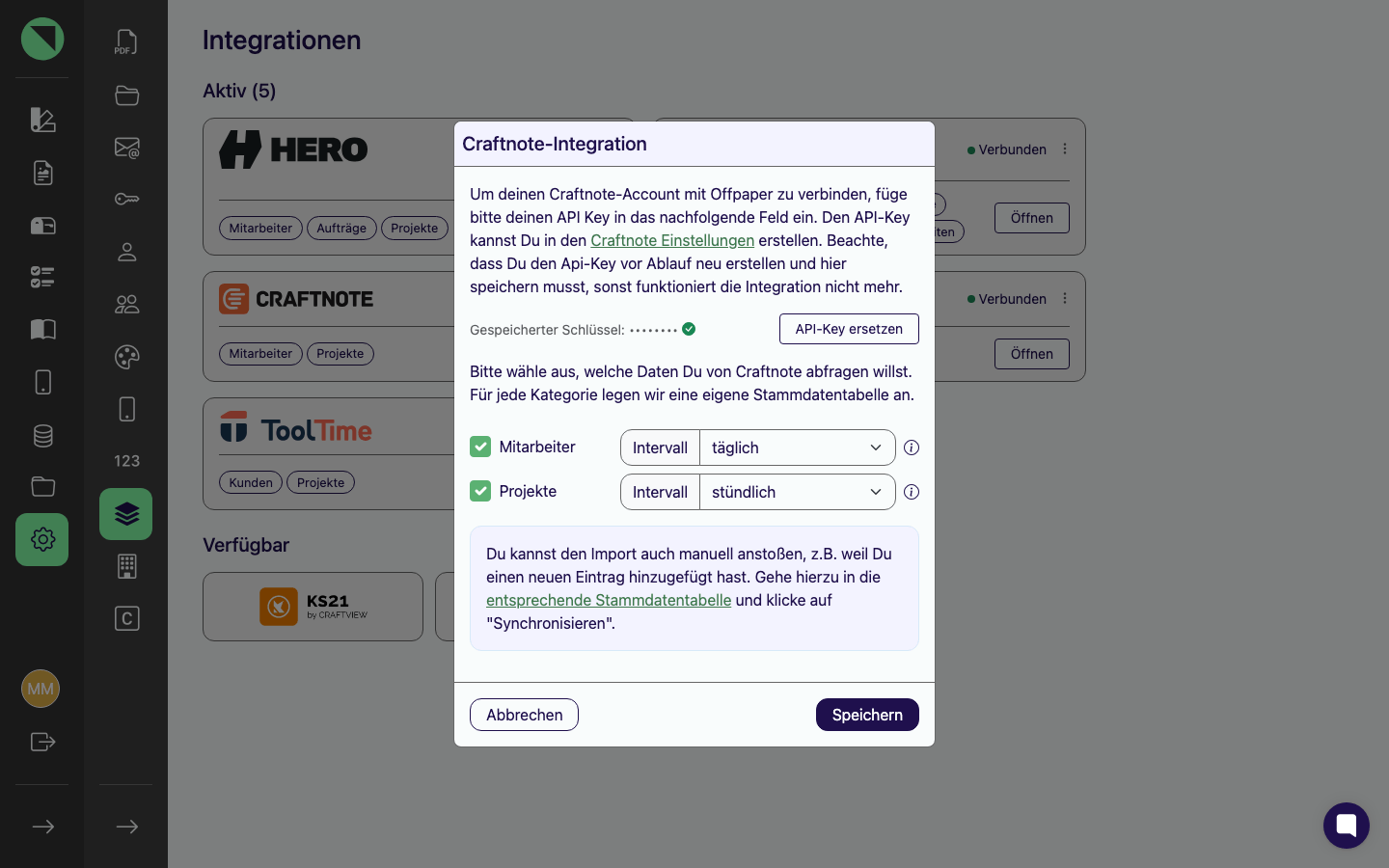 Verbindungs-Modal der Craftnote-Integration mit der maskierten Zeile Gespeicherter Schlüssel, dem Button API-Key ersetzen und den Sync-Kategorien Mitarbeiter und Projekte samt Intervallen