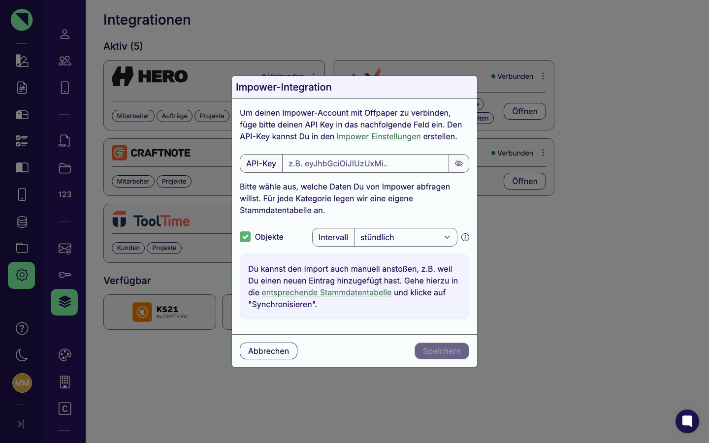 Verbindungs-Modal der Impower-Integration mit dem noch leeren API-Key-Feld und der einzigen Sync-Kategorie Objekte
