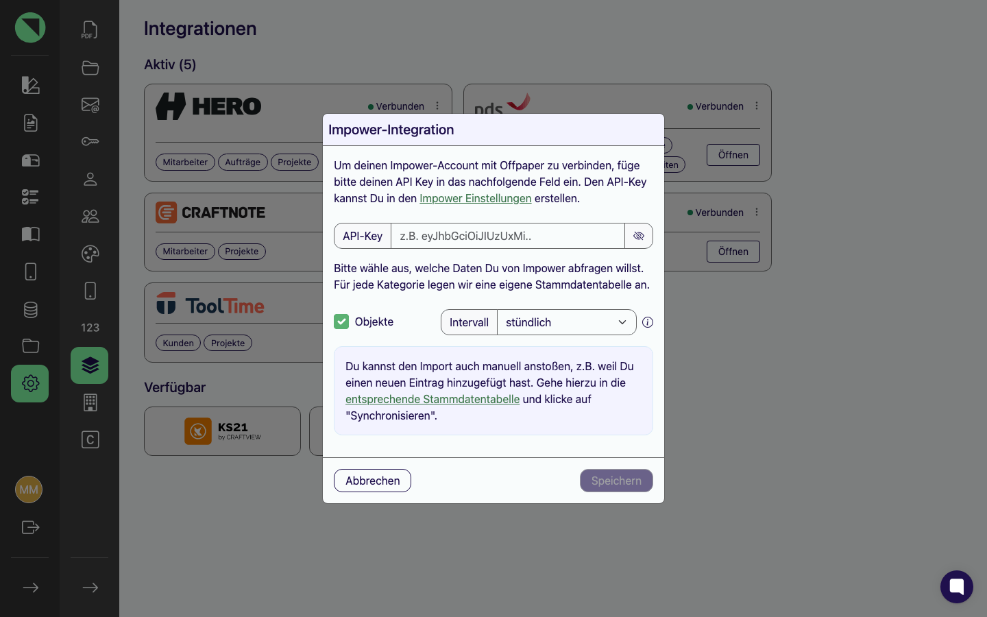 Verbindungs-Modal der Impower-Integration mit dem noch leeren API-Key-Feld und der einzigen Sync-Kategorie Objekte