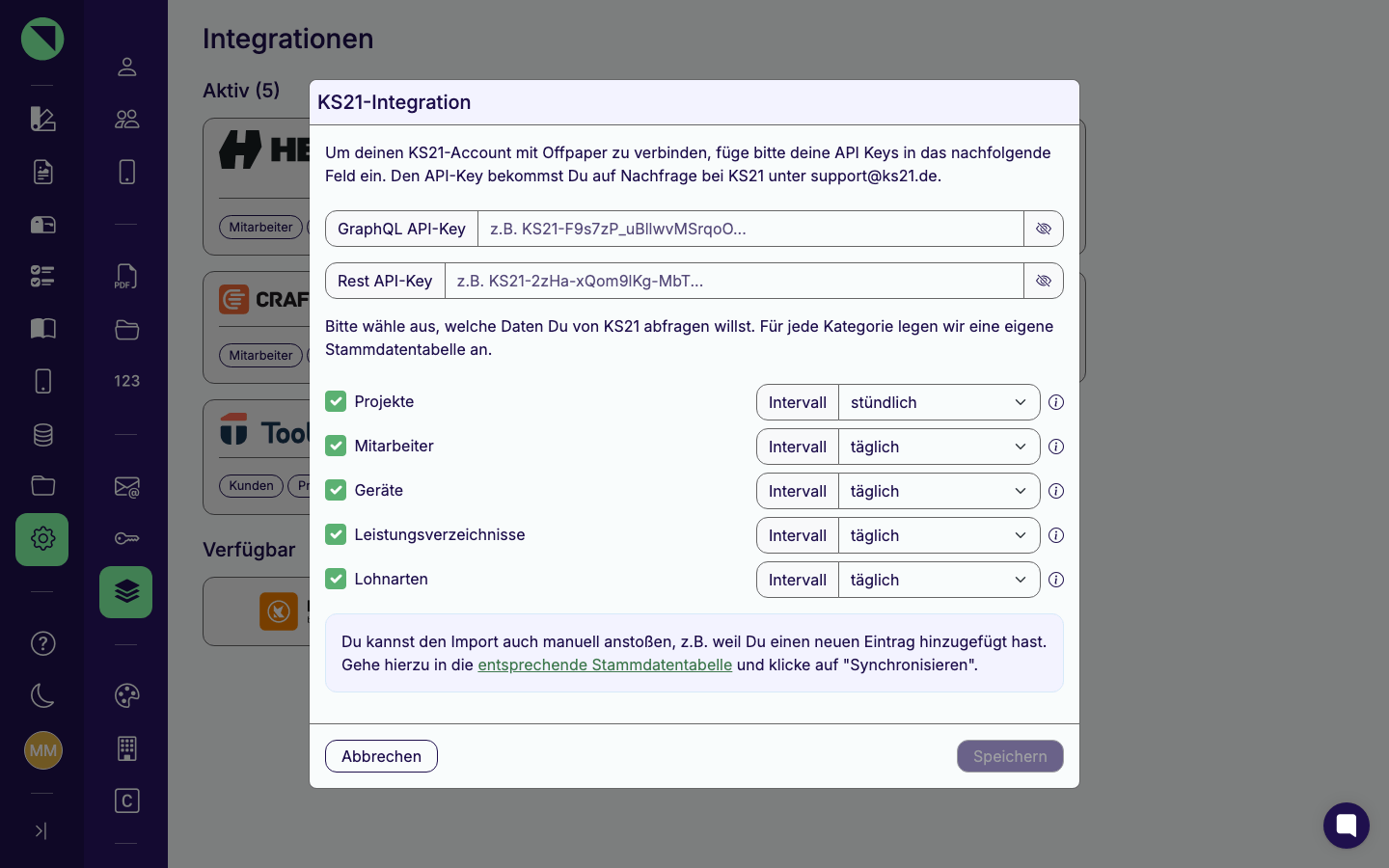 Verbindungs-Modal der KS21-Integration mit den beiden noch leeren Feldern für GraphQL- und Rest-API-Key sowie den fünf vorausgewählten Sync-Kategorien samt Intervallen