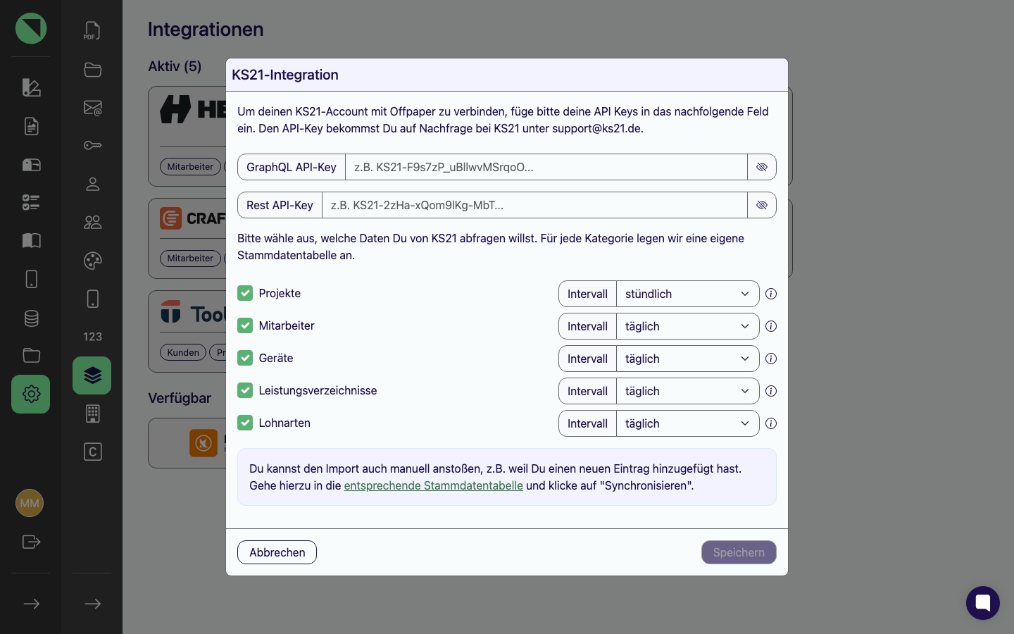 Verbindungs-Modal der KS21-Integration mit den beiden noch leeren Feldern für GraphQL- und Rest-API-Key sowie den fünf vorausgewählten Sync-Kategorien samt Intervallen