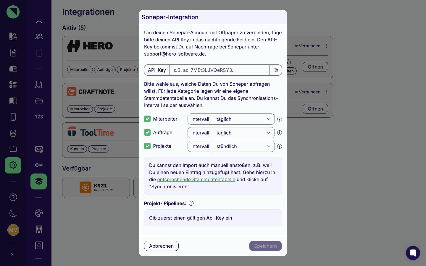 Verbindungs-Modal der Sonepar-Integration mit dem noch leeren API-Key-Feld und den Sync-Kategorien; statt der Pipeline-Liste steht der Hinweis, zuerst einen gültigen Key einzugeben