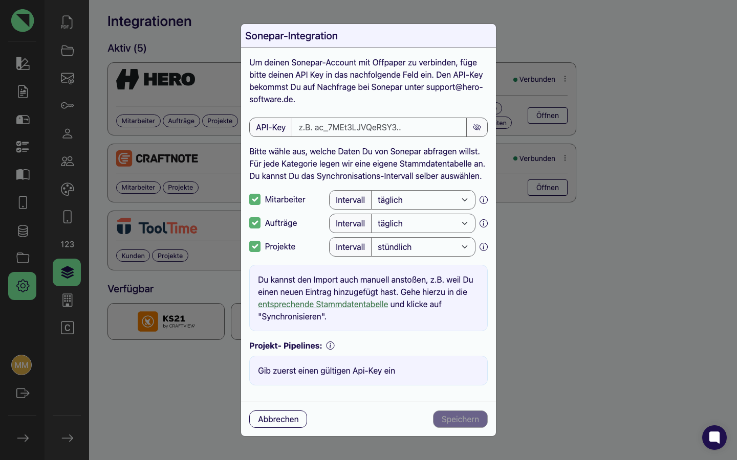 Verbindungs-Modal der Sonepar-Integration mit dem noch leeren API-Key-Feld und den Sync-Kategorien; statt der Pipeline-Liste steht der Hinweis, zuerst einen gültigen Key einzugeben
