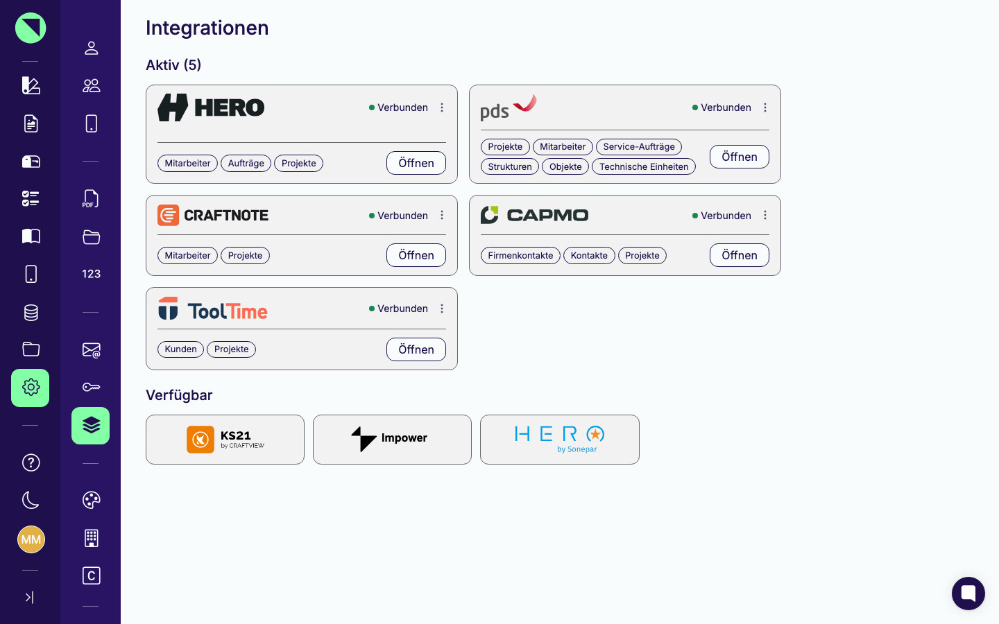 Integrationen-Seite mit dem Bereich Aktiv (Karten für Hero, pds, Craftnote, Capmo und ToolTime mit Status Verbunden, Tabellen-Chips und Öffnen-Button) und dem Bereich Verfügbar mit den Logo-Kacheln von KS21, Impower und Sonepar