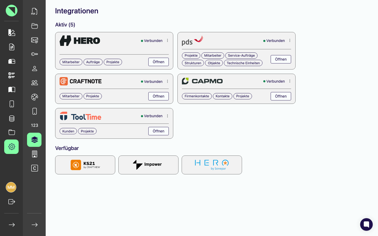 Integrationen-Seite mit dem Bereich Aktiv (Karten für Hero, pds, Craftnote, Capmo und ToolTime mit Status Verbunden, Tabellen-Chips und Öffnen-Button) und dem Bereich Verfügbar mit den Logo-Kacheln von KS21, Impower und Sonepar