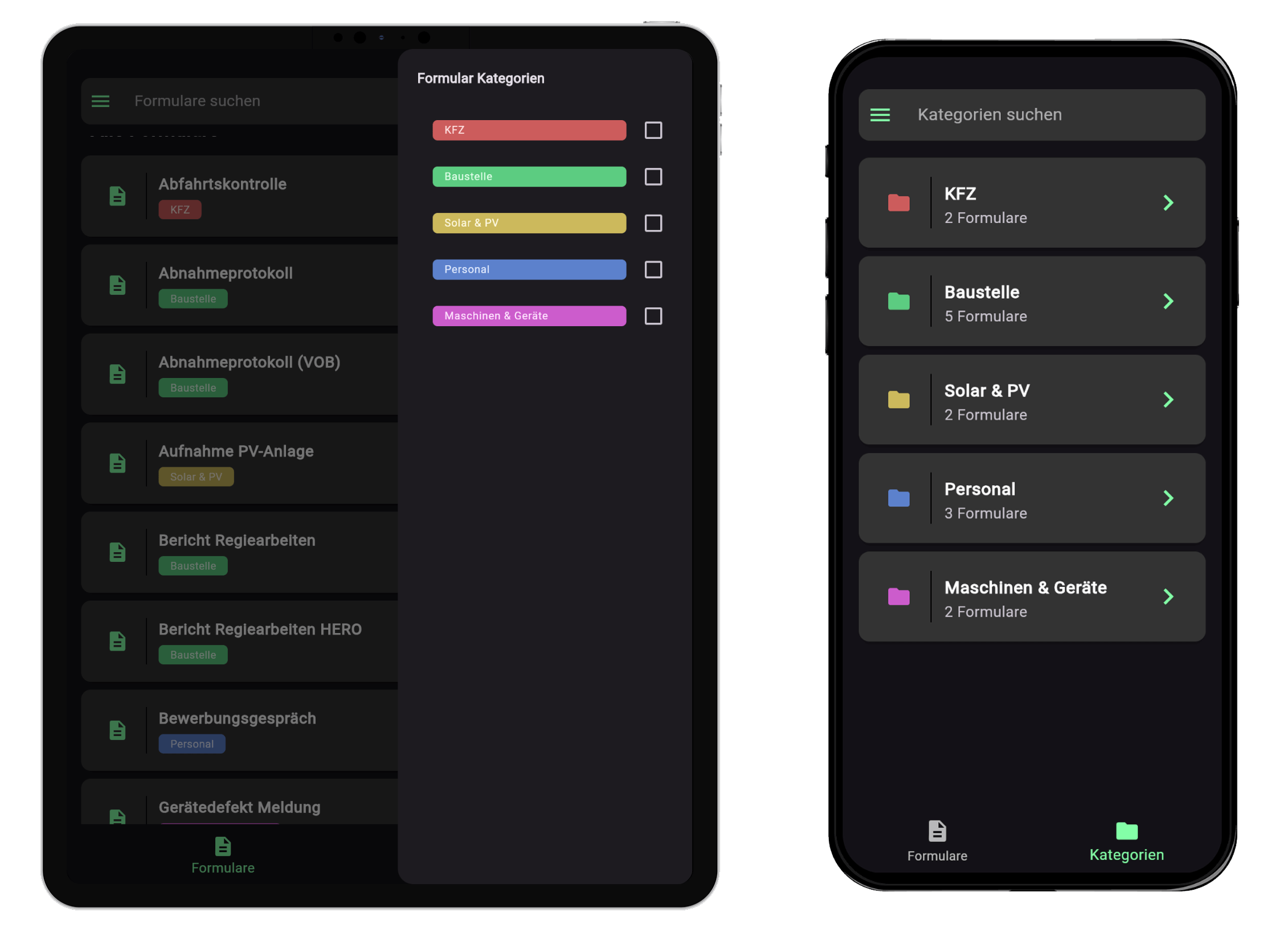 Links ein Tablet mit der Formularliste und geöffnetem Kategorie-Filter, rechts ein Smartphone mit der Kategorie-Ansicht, in der jede Kategorie als Ordner mit Anzahl der Formulare erscheint