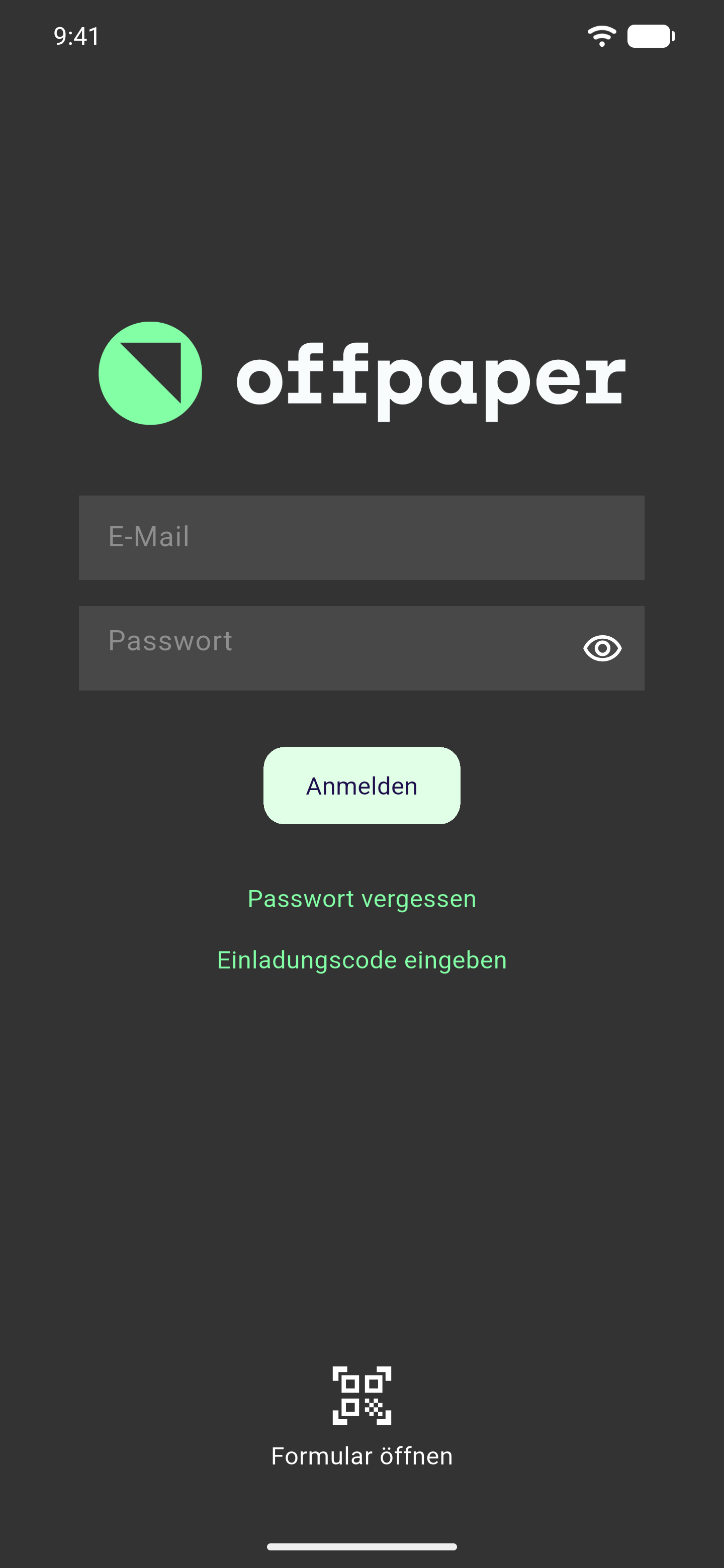 Anmelde-Bildschirm der App mit dem Bereich "Formular öffnen" samt QR-Symbol ganz unten