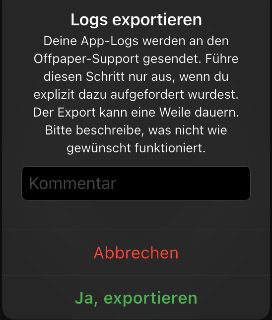 Dialog Logs exportieren mit dem Kommentarfeld und den Buttons Abbrechen und Ja, exportieren