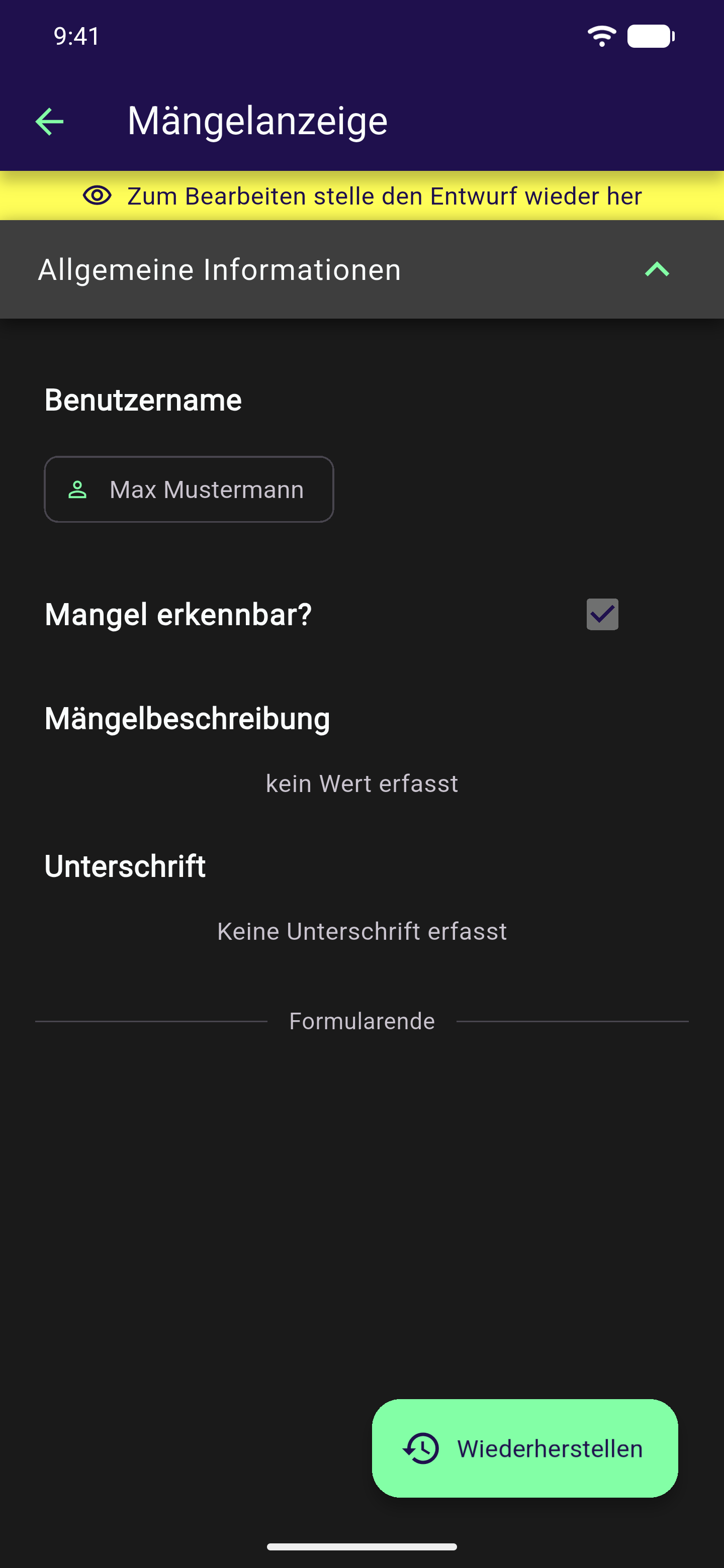Schreibgeschützte Ansicht eines gelöschten Entwurfs mit gelbem Hinweisbanner Zum Bearbeiten stelle den Entwurf wieder her und dem Button Wiederherstellen unten rechts