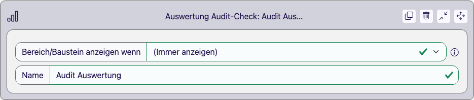 Aufgeklappter Auswertung-Audit-Check-Baustein mit Textfeld für den Namen