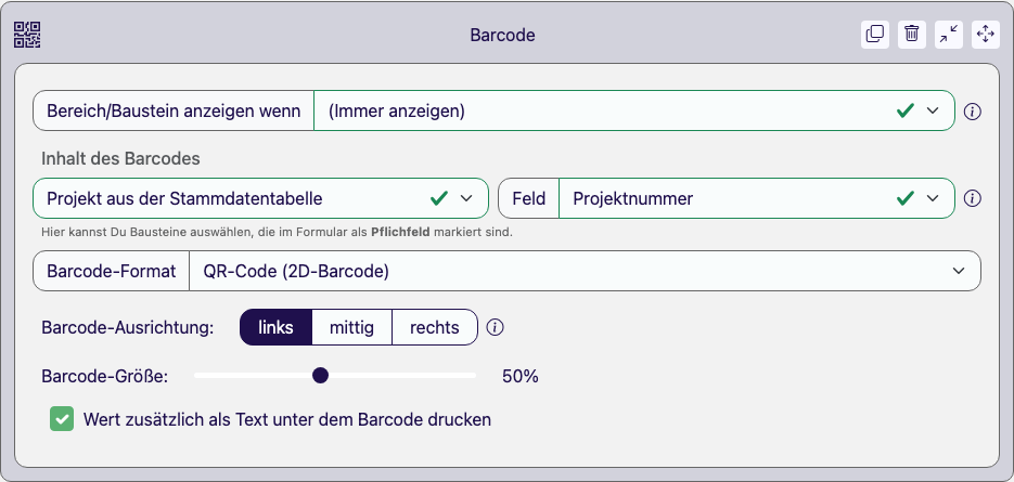 Aufgeklappter Barcode-Baustein mit Inhalt-Auswahl, Barcode-Format, Ausrichtung und Barcode-Größe