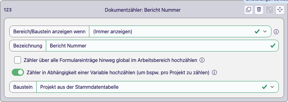 Aufgeklappter Dokumentzähler-Baustein mit Bezeichnung, den beiden Zähloptionen und der Baustein-Auswahl für den variablenabhängigen Zähler