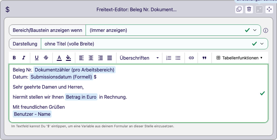 Aufgeklappter Freitext-Editor-Baustein mit Darstellung-Auswahlliste, Formatierungsleiste und einem Beispieltext mit eingefügten Variablen
