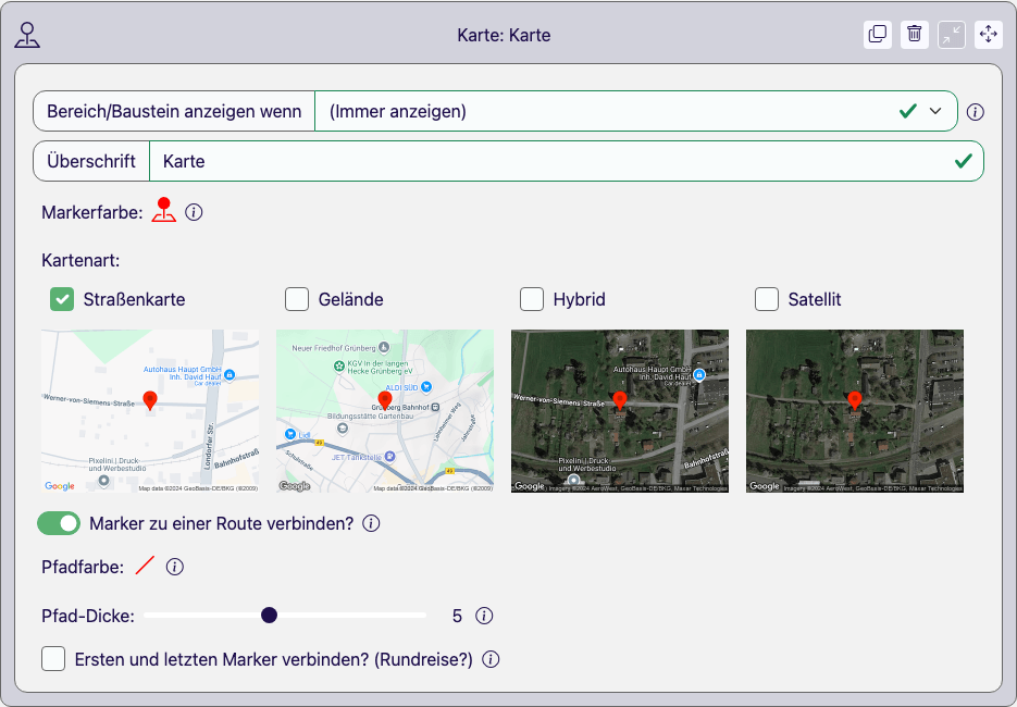 Aufgeklappter Karte-Baustein mit Kartenart-Vorschauen, Markerfarbe, Route-Einstellungen und Rundreise-Checkbox