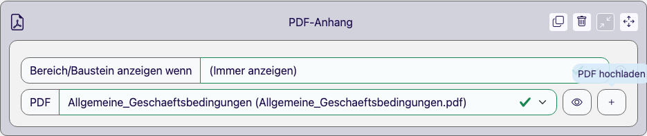Aufgeklappter PDF-Anhang-Baustein mit Auswahlliste zur PDF-Auswahl, Vorschau-Symbol und Upload-Button