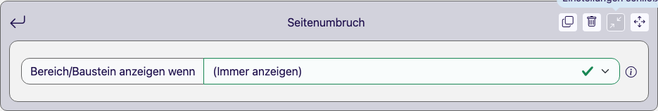 Aufgeklappter Seitenumbruch-Baustein ohne weitere Einstellungen
