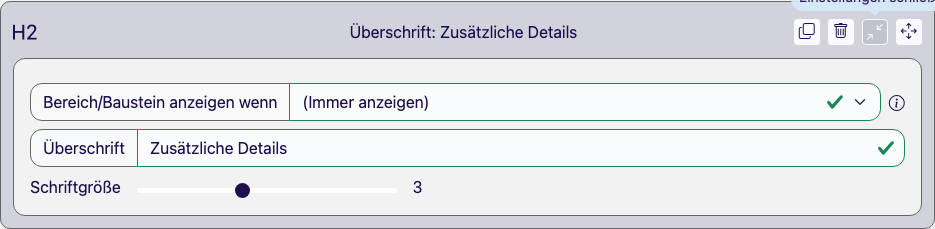 Aufgeklappter Überschrift-Baustein mit Textfeld für die Überschrift und einem Regler für die Schriftgröße