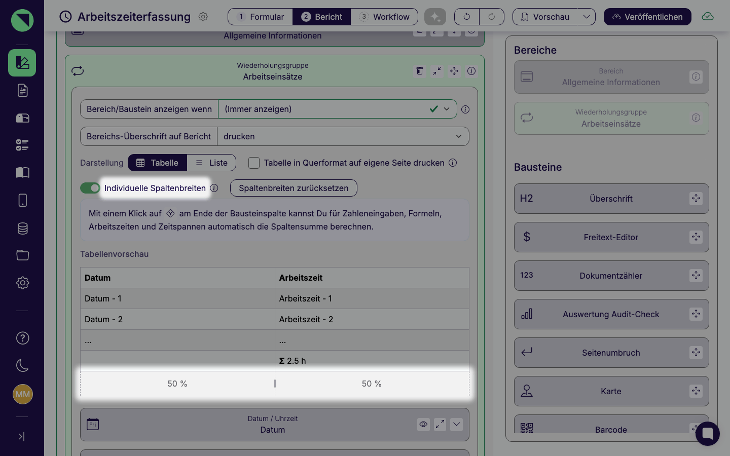 Geöffnete Einstellungen der Wiederholungsgruppe Arbeitseinsätze mit Darstellung "Tabelle", aktiviertem Schalter Individuelle Spaltenbreiten, Tabellenvorschau mit drei Spalten und Summenzeile sowie dem Lineal mit Prozentwerten und Griffen darunter