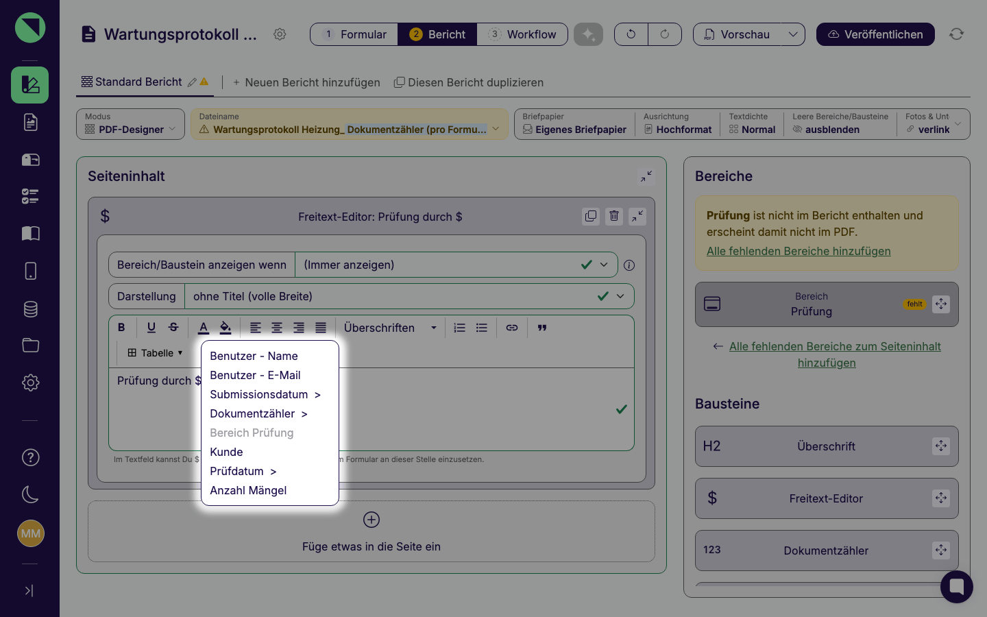 Freitext-Editor im PDF-Designer mit der nach dem Tippen von $ geöffneten Variablenliste: oben die Metavariablen Benutzer - Name, Benutzer - E-Mail, Submissionsdatum und Dokumentzähler, darunter die Bausteine des Bereichs Prüfung