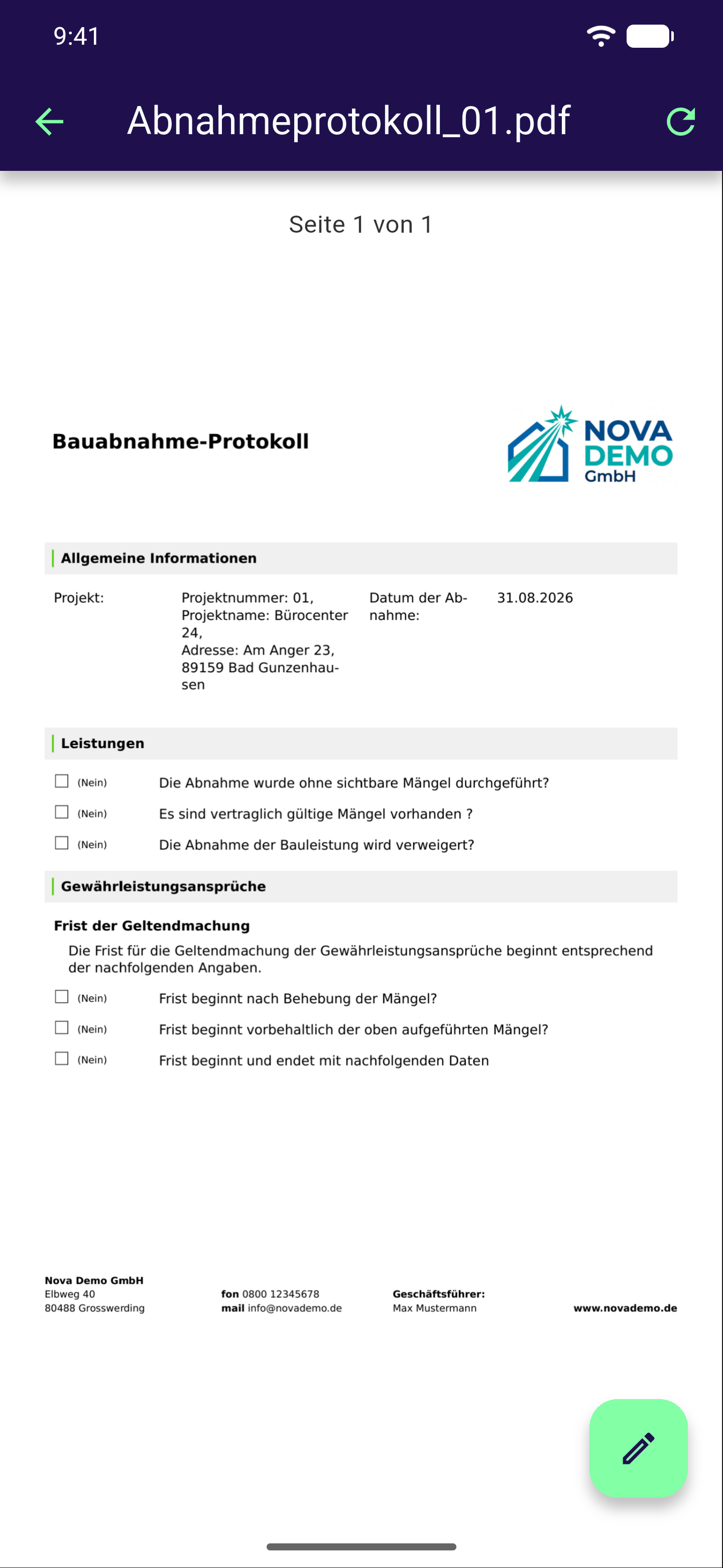 PDF-Vorschau in der App mit dem fertig gerenderten Bericht, dem Dateinamen in der Kopfleiste und dem Bearbeiten-Button unten rechts
