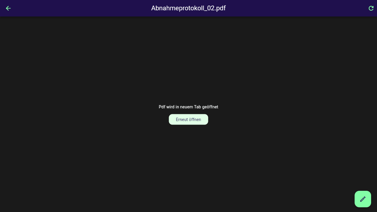 Hinweis "Pdf wird in neuem Tab geöffnet" mit dem Button Erneut öffnen, wie er in der Webansicht nach Auswahl von PDF-Vorschau erscheint