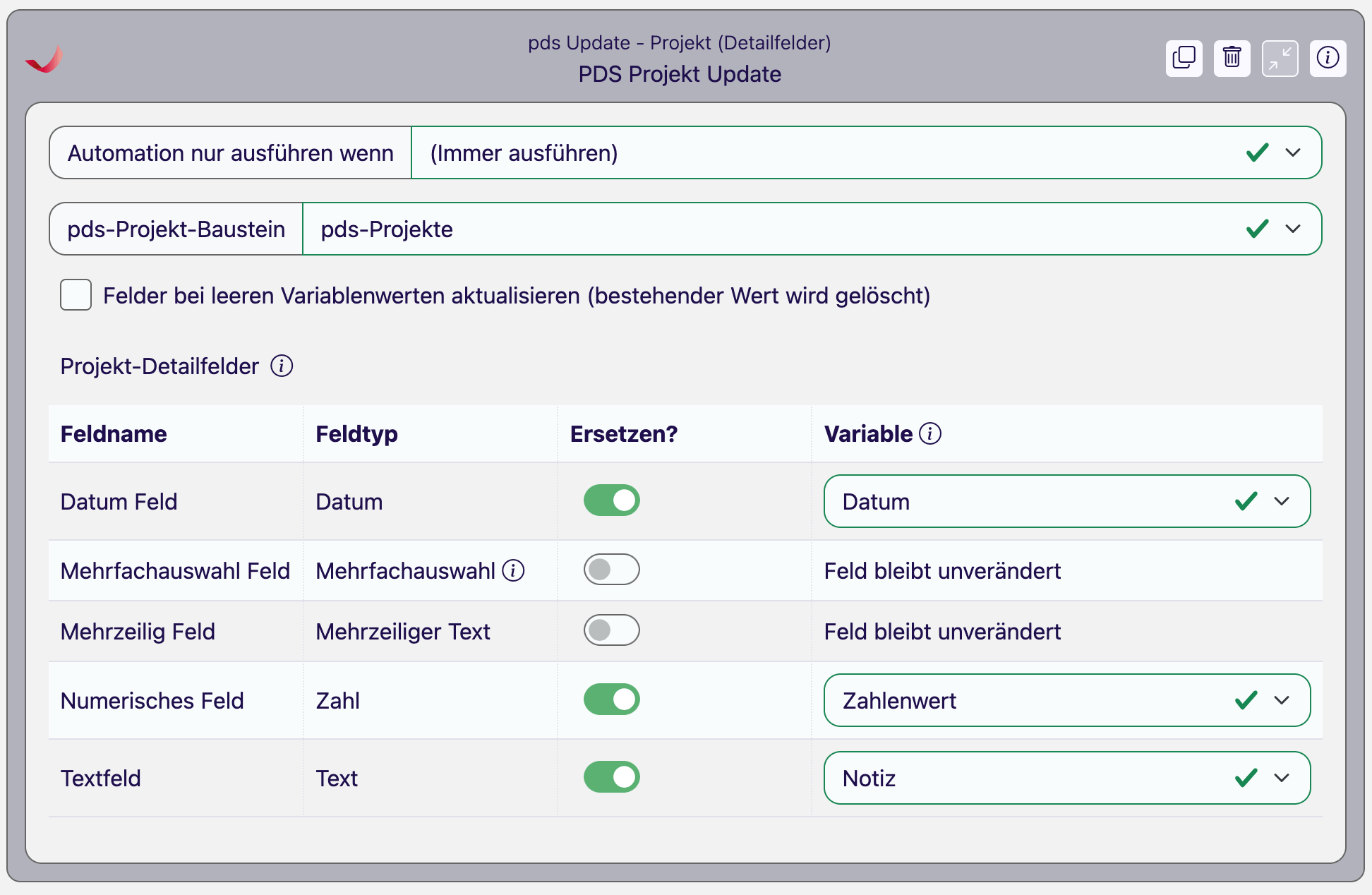 Workflow-Baustein pds Update - Projekt (Detailfelder): Tabelle der pds-Projekt-Detailfelder mit Feldtyp, Ersetzen-Schalter und der zugeordneten Offpaper-Variable je Feld