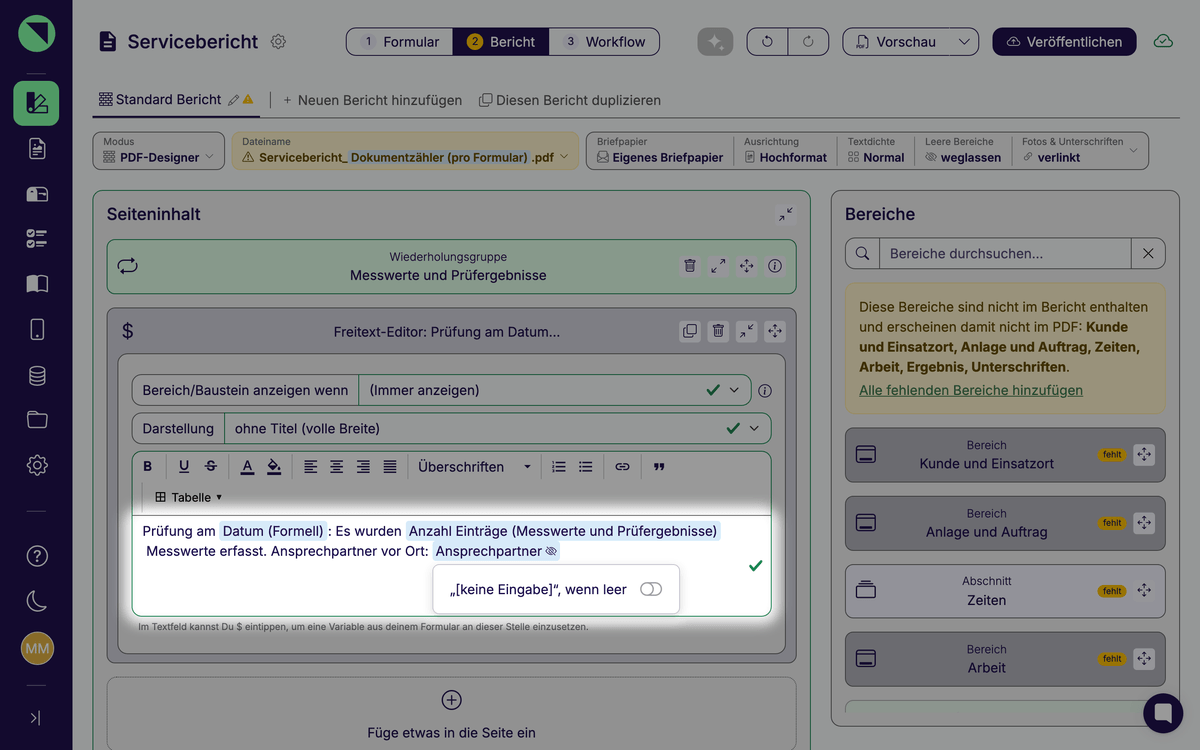 Freitext-Baustein im PDF-Designer mit eingefügten Variablen wie Datum mit Format, Anzahl Einträge einer Wiederholungsgruppe und Ansprechpartner; an der letzten Variable ist die Option „[keine Eingabe]“, wenn leer geöffnet