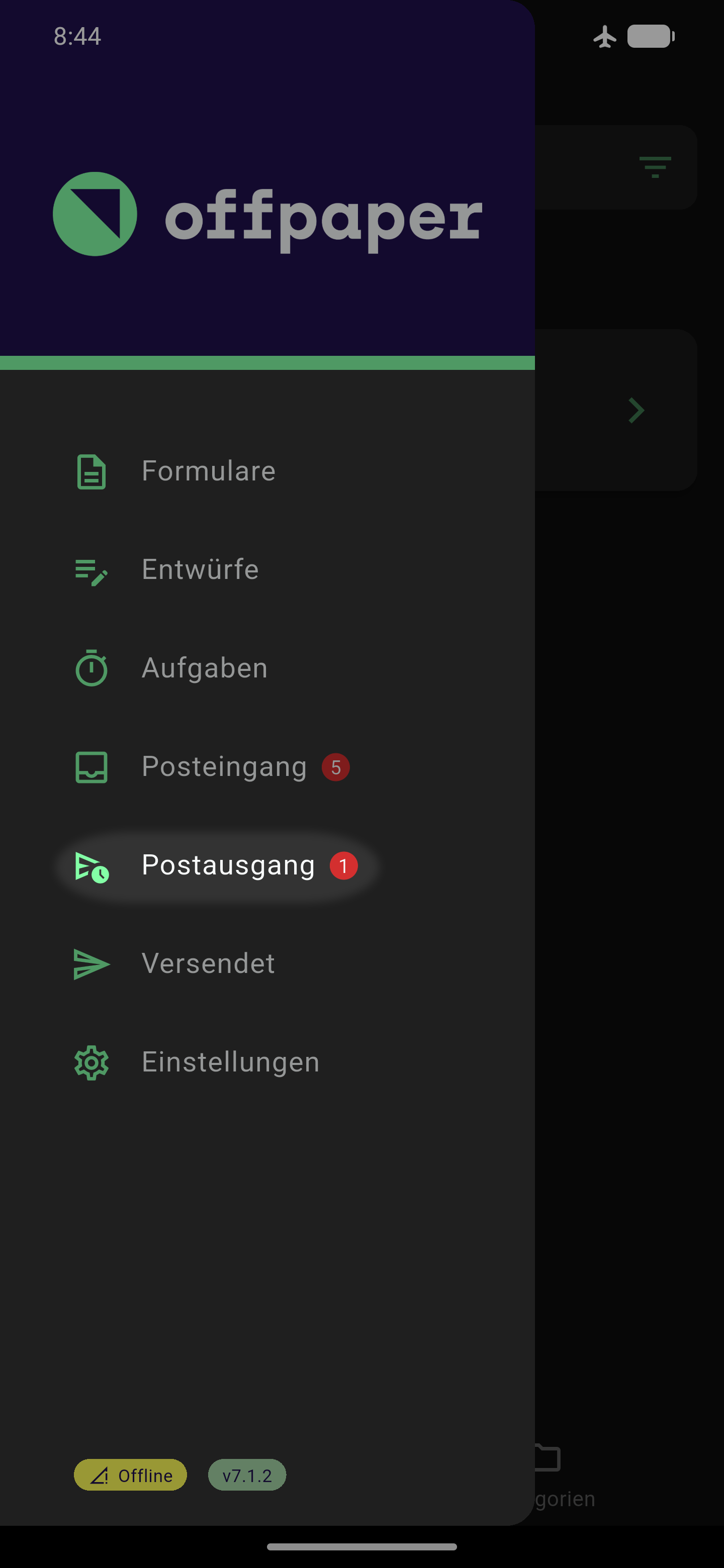 Hauptmenü mit rotem Zahlen-Symbol neben Postausgang