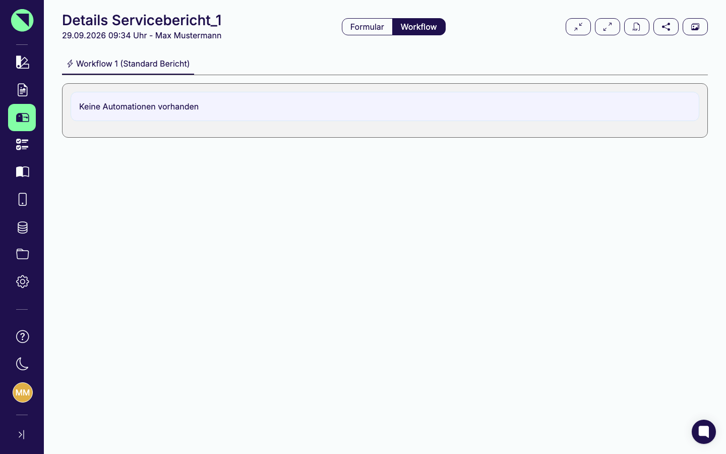 Detailansicht der Einsendung Servicebericht_1 mit der Umschaltung Formular / Workflow oben; in der Workflow-Ansicht steht ein Reiter mit Blitz-Symbol, dem Workflow-Namen und dem Bericht in Klammern, darunter der Hinweis, dass dieser Workflow keine Automationen enthält