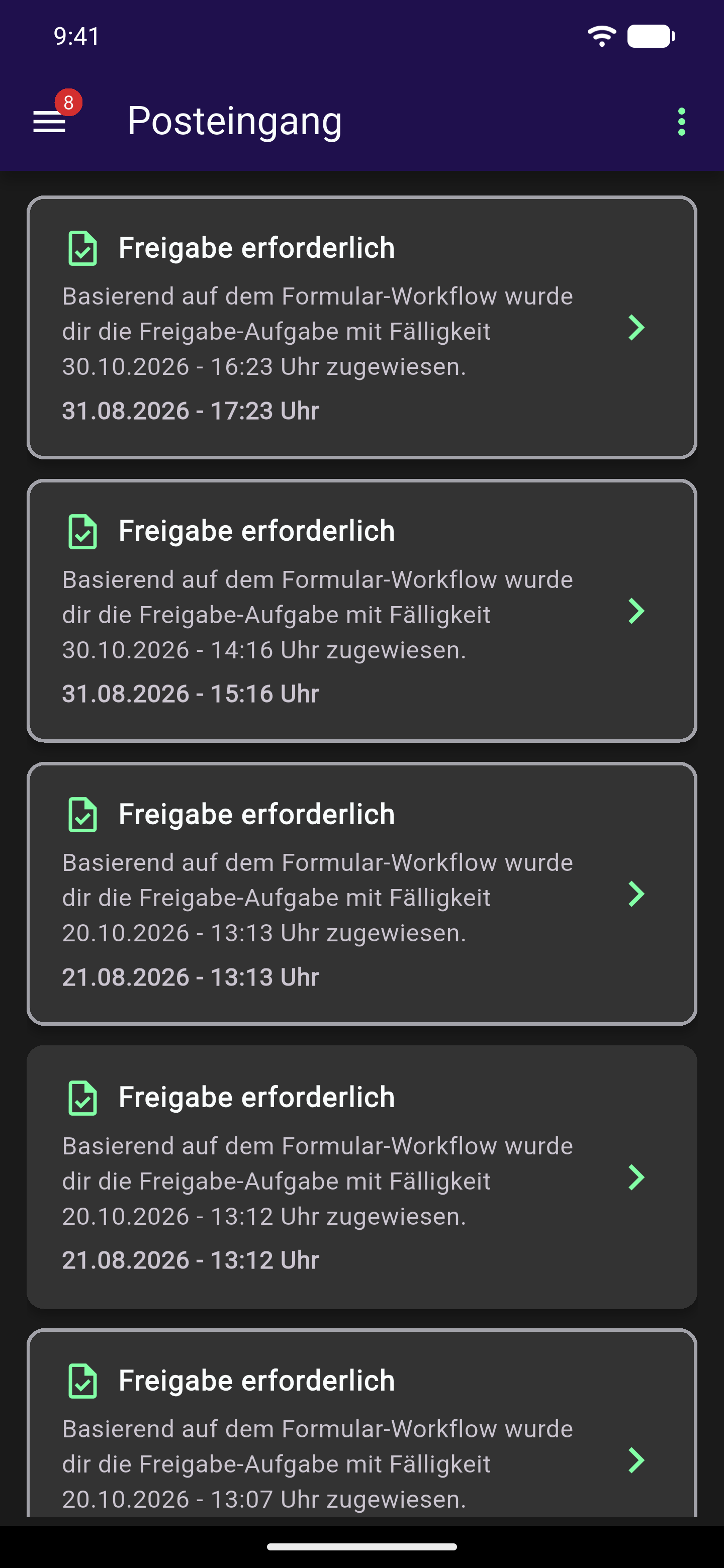 Posteingang mit einer Karte "Aufgabe übernommen" und Angaben zu Aufgabe, Fälligkeit und Zeitpunkt