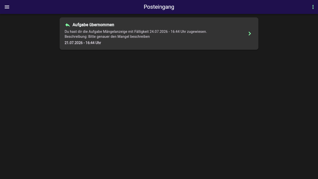 Posteingang mit einer Karte "Aufgabe übernommen" und Angaben zu Aufgabe, Fälligkeit und Zeitpunkt