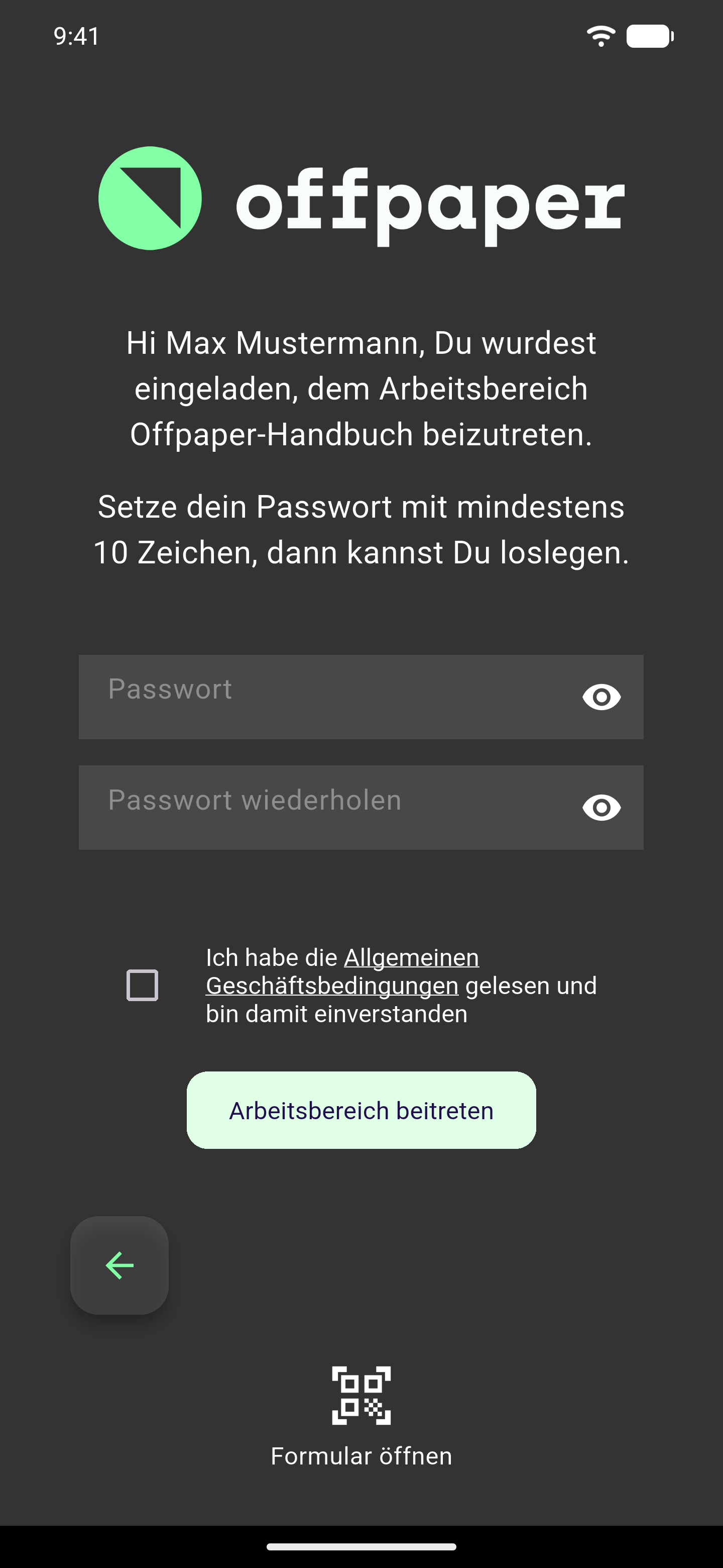 Registrierungs-Bildschirm nach gültigem Einladungscode: Begrüßung mit Namen und Arbeitsbereich, die Felder Passwort und Passwort wiederholen, die Checkbox zu den Allgemeinen Geschäftsbedingungen und der Button Arbeitsbereich beitreten