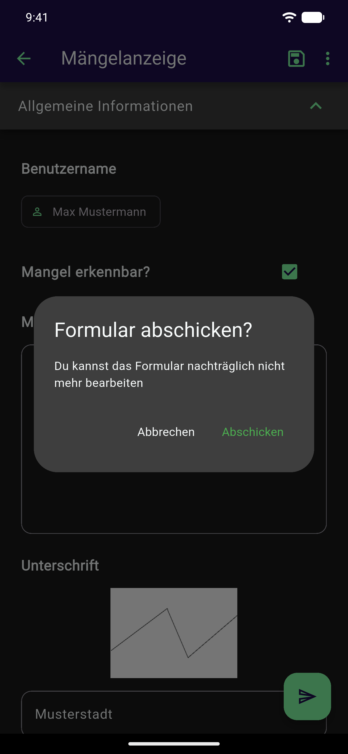 Bestätigungsdialog "Formular abschicken?" mit dem Hinweis, dass sich das Formular nachträglich nicht mehr bearbeiten lässt, und den Buttons Abbrechen und Abschicken