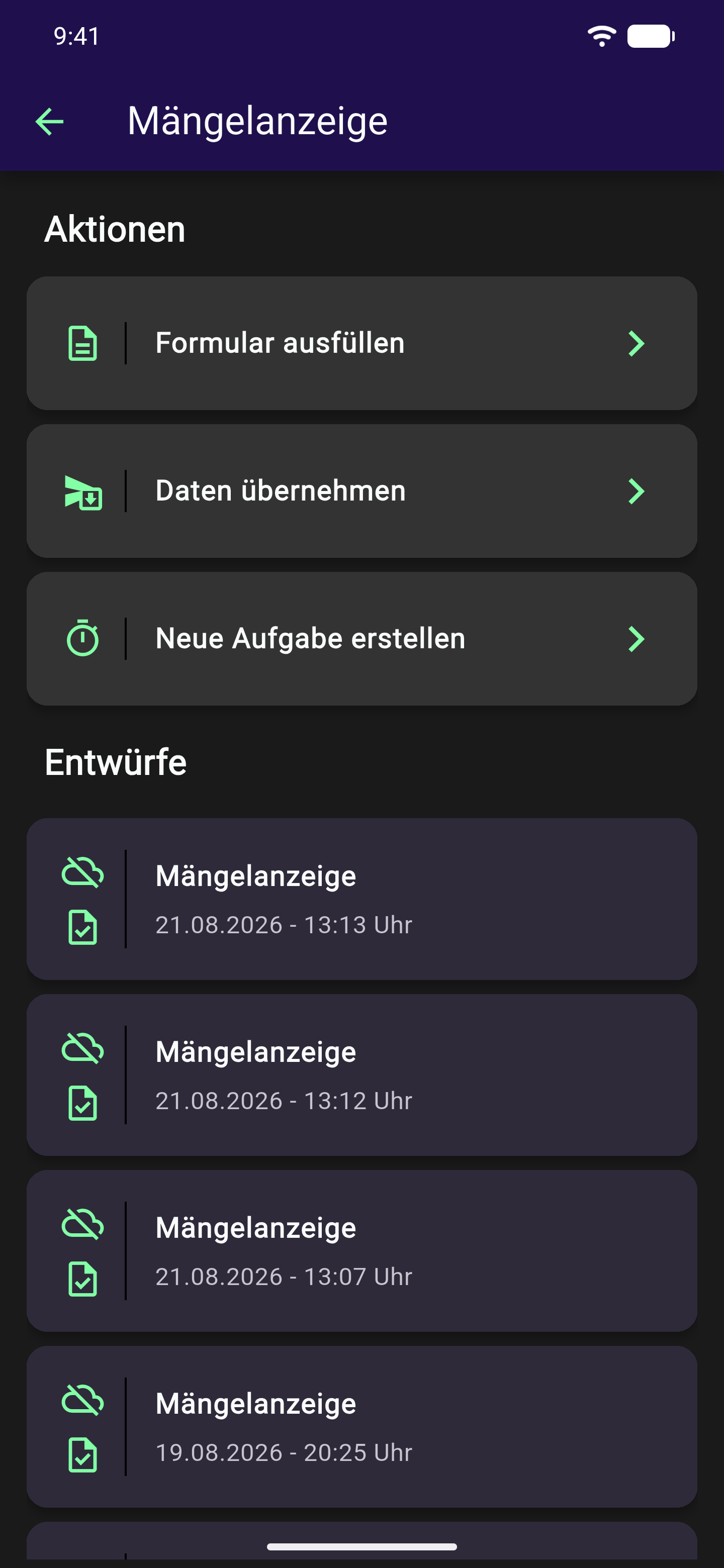 Zwischenbildschirm des Formulars Mängelanzeige mit den Aktionen Formular ausfüllen, Daten übernehmen und Neue Aufgabe erstellen sowie vorhandenen Entwürfen darunter